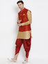 Vastramay Men's Maroon Zari Weaved Jacket With Kurta Dhoti Set